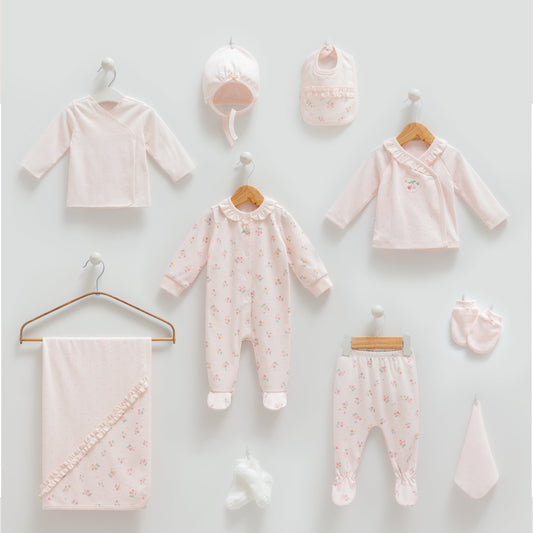Newborn Baby Girl 10 Piece Gift Set – Floral Cotton Essentials