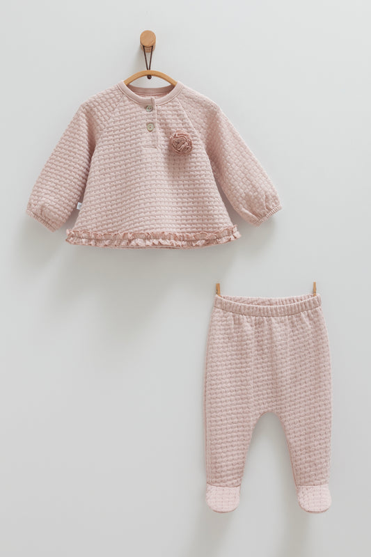 2-Piece Baby Girl Waffle Knit Outfit – Soft Cotton Top & Footed Pants Set with Ruffle and Flower Detail | MalinaBaby