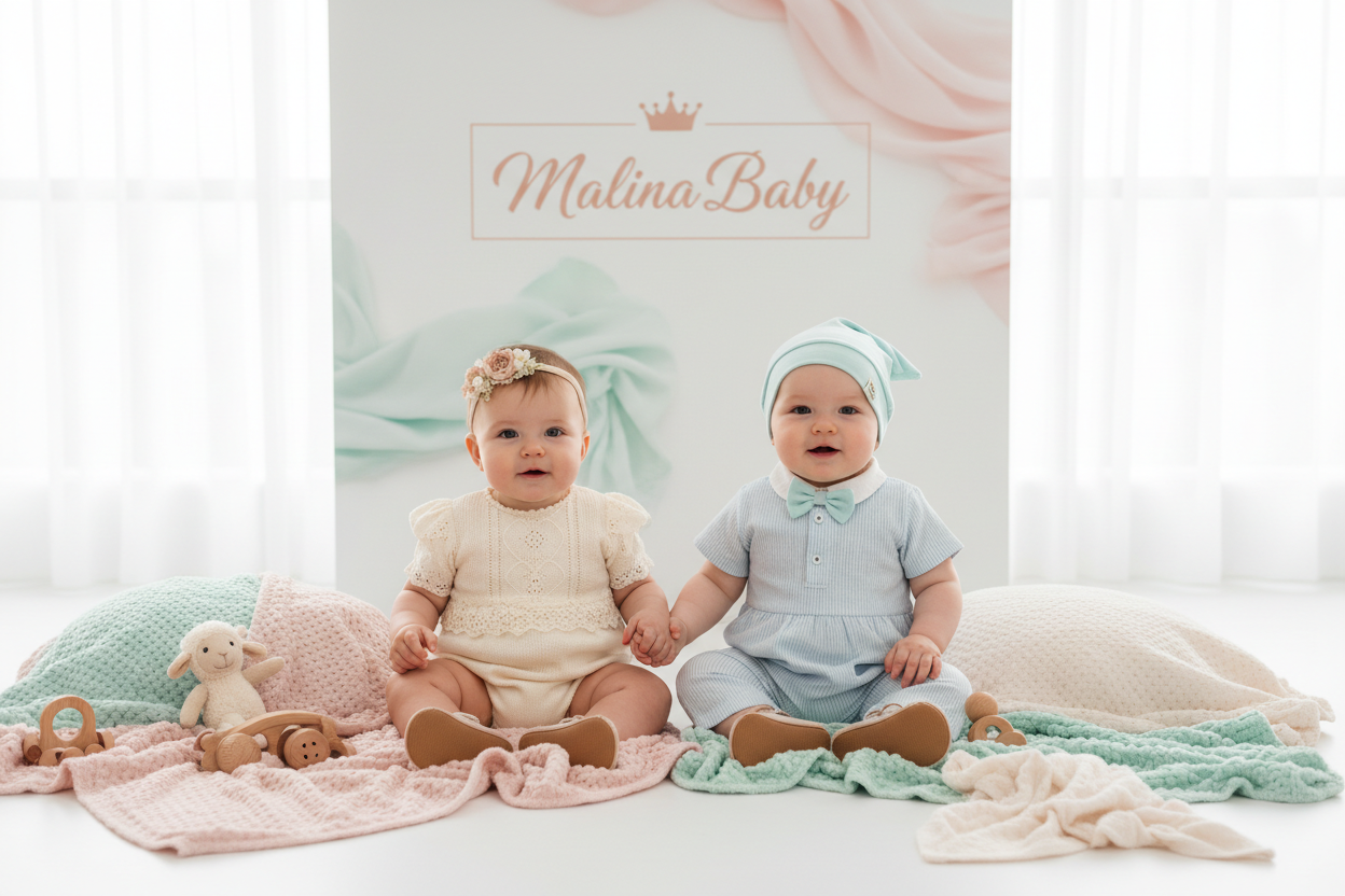 generate an image using my products on a baby girl and baby boy. include my logo in the background